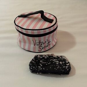 Victoria's Secret Pink & White Striped Cosmetic Case with Black Sequin Pouch